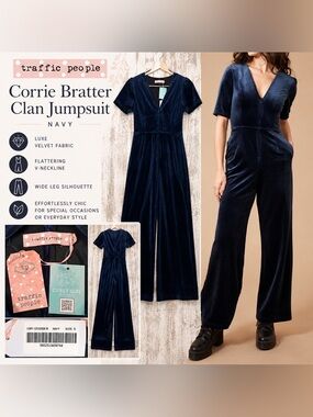 Traffic People Corrie Bratter Clan Velvet Jumpsuit Navy Women’s Size Small NWT